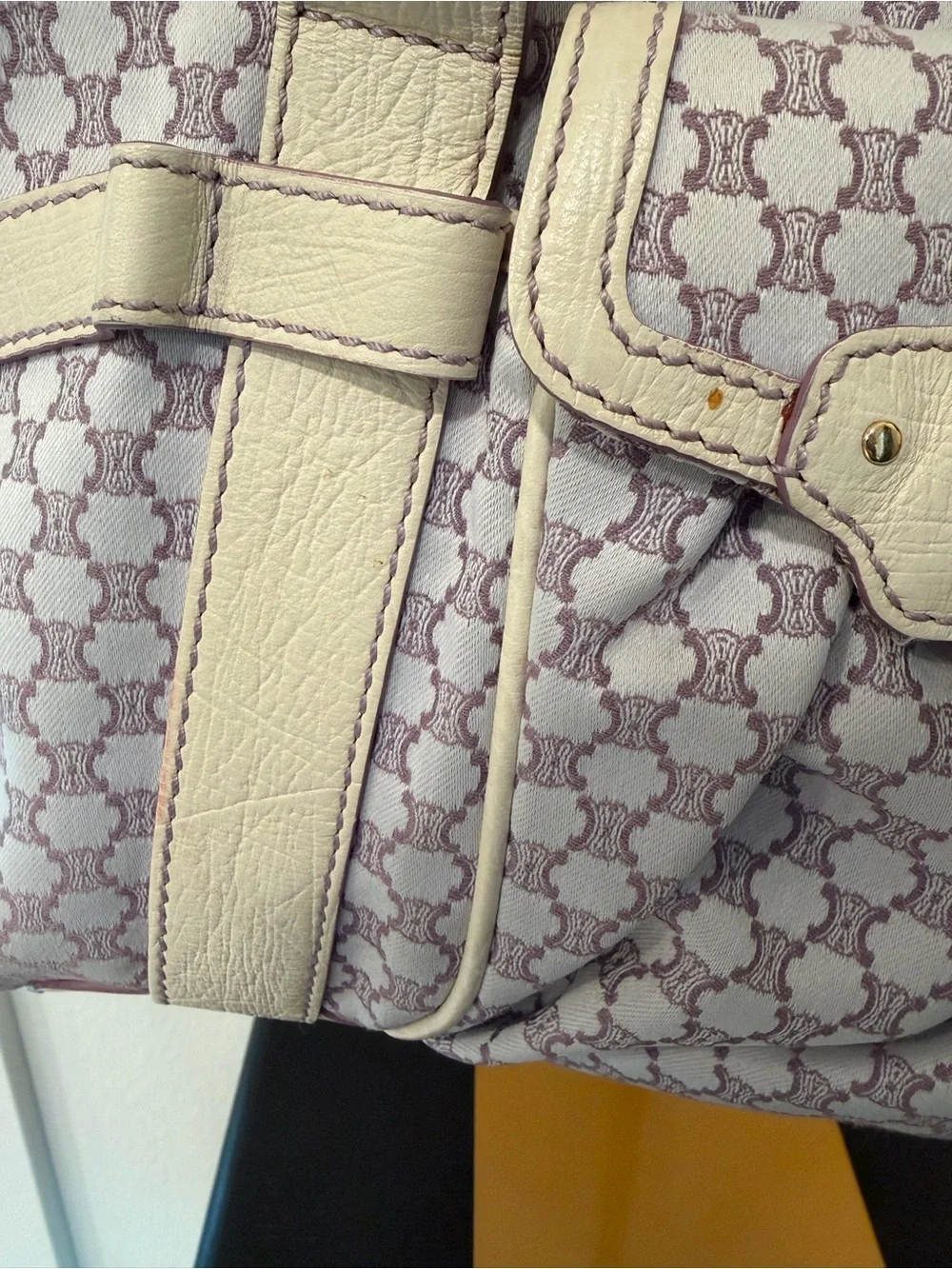Vintage Celine Macadam Canvas Tote Bag in a purple and white/cream
